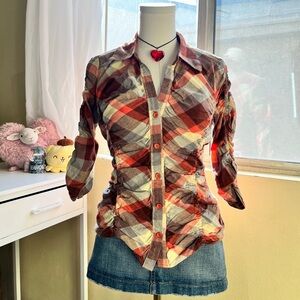 Y2K plaid print 3/4 sleeve scrunched orange and brown button up top size S